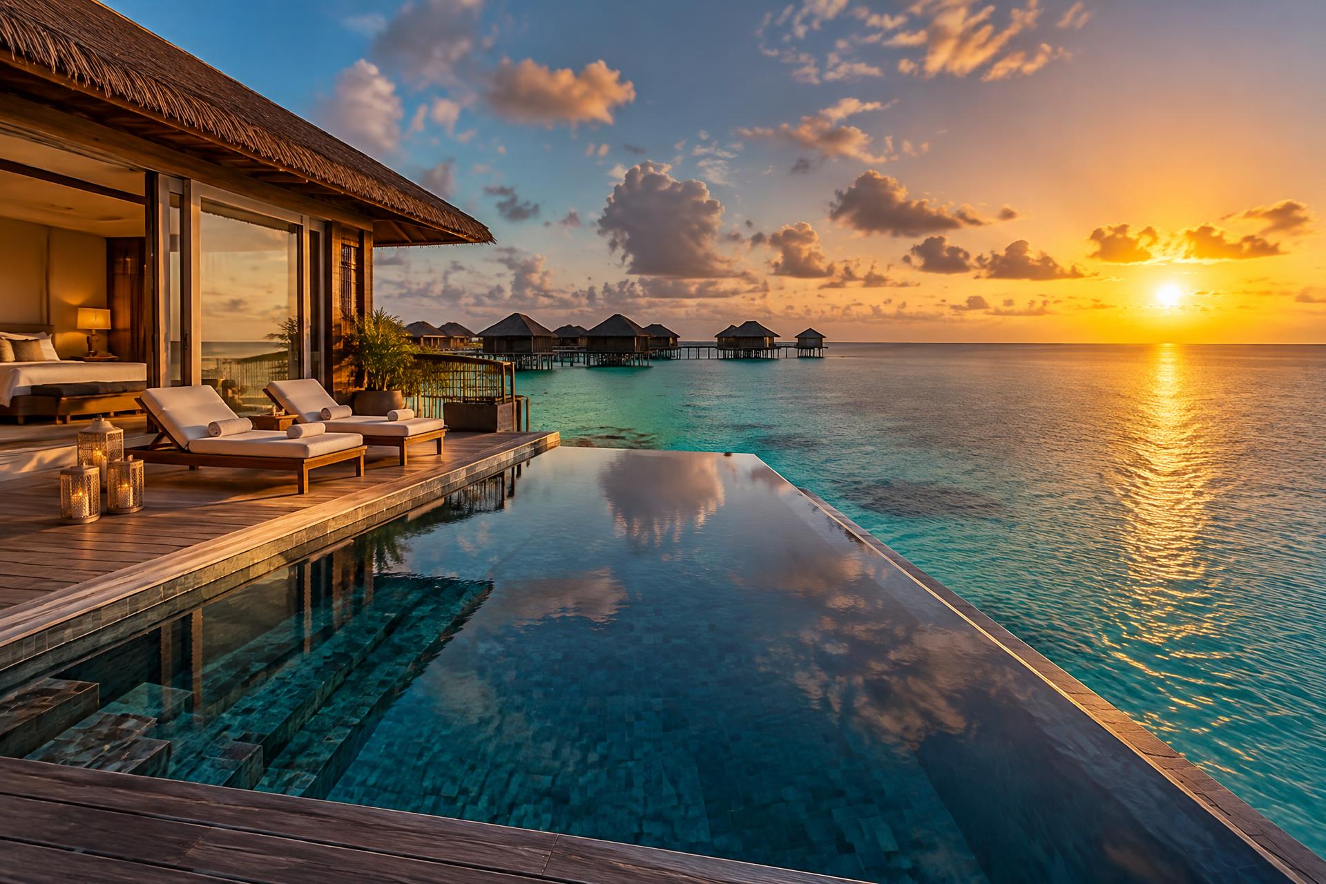 Overwater villa with a private infinity pool overlooking a turquoise lagoon at sunset
